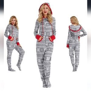 Christmas Pajamas Snowflake Pattern Xmas Adult Women Hooded Sleeper XL New